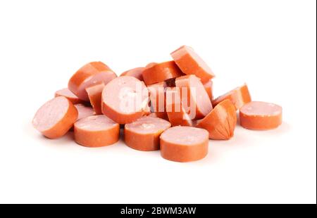 Heap of chopped sausage with cheese isolated on white background Stock Photo