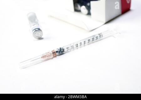 Syringe needle and beauty medicine vials with botox, hualuronic, collagen solution. Syringe injection beauty concept Stock Photo