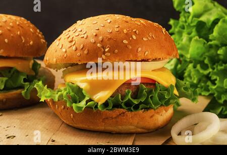 Beef burgers on a board with beef, fresh bun, slice of cheese, tomato, onion rings, pickle, lettuce and herbs on a black background Stock Photo