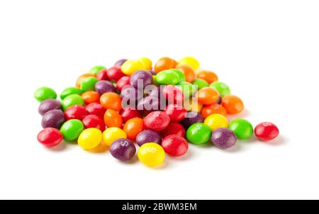 RUSSIA, MOSCOW - August 11, 2019: Colorful skittles candies isolated on a white background Stock Photo
