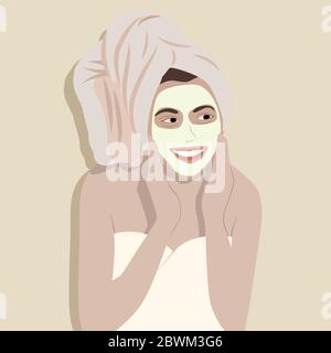Young happy woman in towel applying face cream and smiling. Girl making facial massage with organic scrub, cleaning skin. Modern vector in flat style. Stock Vector