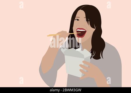 Girl eating asian food from cartoon box with chopsticks, hand drawn vector in flat style. Hungry happy woman eating noodles from take away box at stre Stock Vector