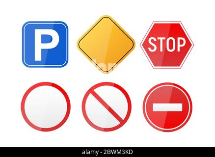 Road warning sign,  traffic regulatory template  isolated on white background collection set. Vector Illustration Stock Vector