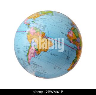 Moscow, Russia - Agust, 30 2019 - Global concept. Blue globe isolated on a white background. School globe - model of Earth. Object of learning. Stock Photo