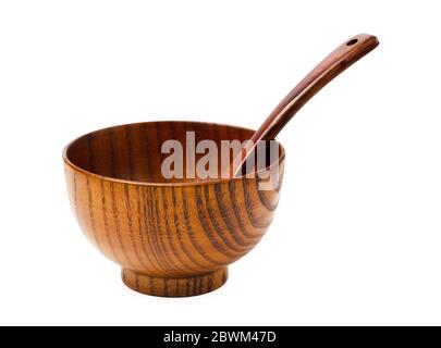 Wooden spoon and bowl isolated on white background Stock Photo
