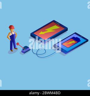 Powerbank charges the smartphone under the control of an electrician. Vector illustration. Stock Vector