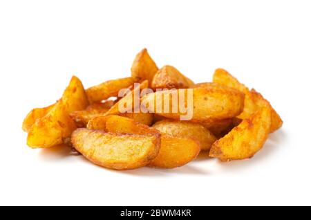 Homemade baked potato wedges, fry potatoes, isolated on white background Stock Photo