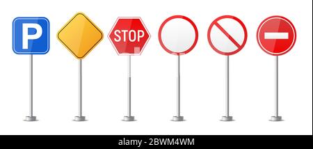 Road warning sign,  traffic regulatory template  isolated on white background collection set. Vector Illustration Stock Vector