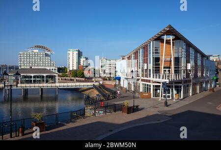 Mermaid Quay on a very quiet morning during coronavirus lockdown in 2020. Cardiff Bay, Wales, UK Stock Photo