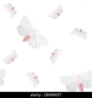 White moths on a light background. Seamless vector pattern with insects. Repeating square pattern for fabric and wallpaper. Stock Photo