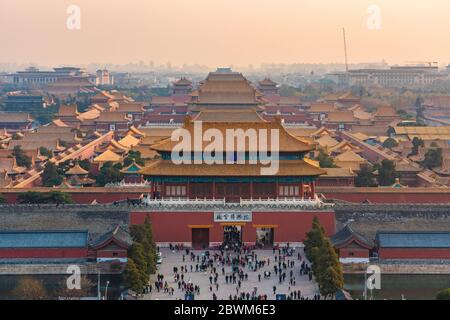 BEIJING, CHINA - NOVEMBER 28: This is an aerial view of the Forbidden City, an historic palace and popular travel destination on November 28, 2019 in Stock Photo