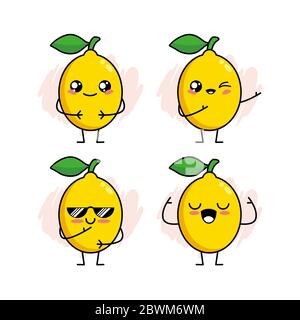 Set Cartoon of Cute Lemon Character Design, Lemon Icon Illustration Template Vector Stock Photo