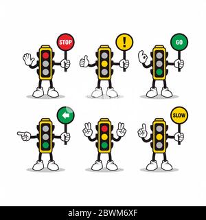 Vector Set of Trafic Light Characters with Different Poses Design, Traffic Light Cartoon Template Stock Photo