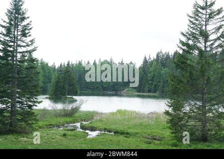 Tret lake in the Northern Italy in Italian valley of Val Di Non. Stock Photo