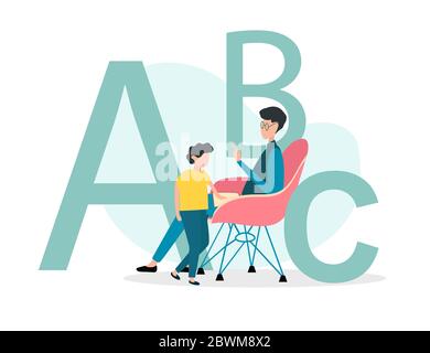 Home education. Father teaching ABC to his kid on white background, vector illustration in flat style Stock Vector