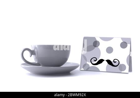 Happy Fathers Day tag with gift box and cup, on wooden table, on light background in black and white. Mock up Stock Photo