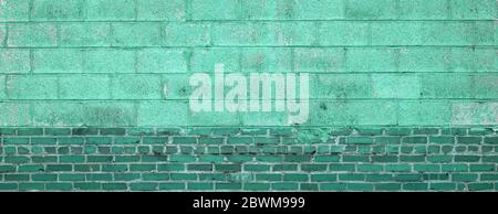 Aqua menthe colored brick wall, green painted brick panoramic background, horizontal aspect Stock Photo