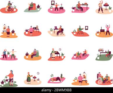 eldery people practicing activities in home scenes Stock Vector