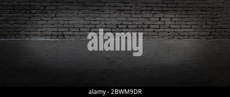 Black brick and stucco vignette panoramic background, subtle pattern backdrop for copy space, horizontal aspect Stock Photo