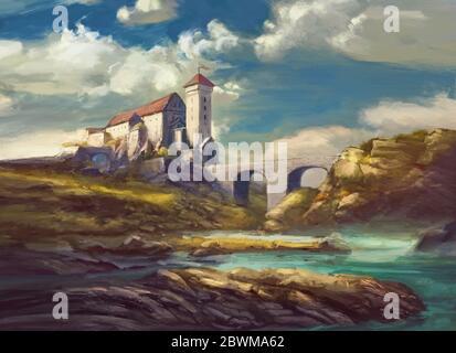 landscape with medieval castle on cliff, stone bridge over river, rocks, beautiful sky with white clouds - painting fantasy scene, fictional castle Stock Photo