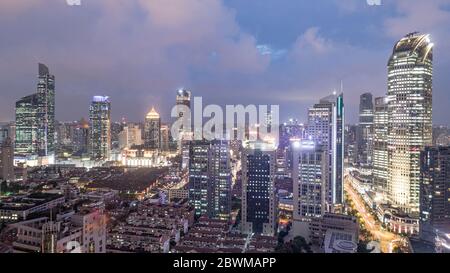 SHANGHAI, CHINA - Sep 27: Aerial View of Yanan Rd, Jingan district, Shanghai in the evening on a cloudy day Stock Photo
