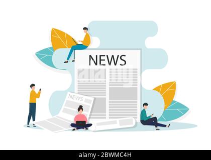 People with gadgets and huge newspaper with header on white background, vector illustration in flat style Stock Vector