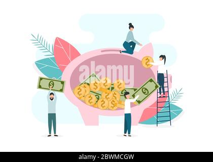 Volunteers collecting money for charity into huge donation piggy bank Stock Vector