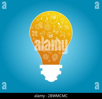Illustration of abstract luminous light bulb with symbols of learning, science, practice and knowledge Stock Vector