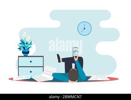 Man lying on floor and watching news on smartphone, white background. Vector illustration in flat style Stock Vector