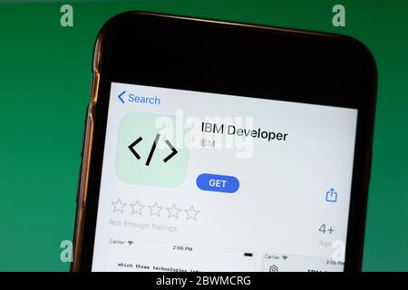 Moscow, Russia - 1 June 2020: IBM Developer app mobile logo close-up on screen display, Illustrative Editorial. Stock Photo