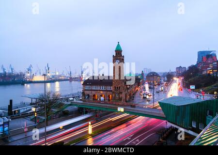 Hamburg, Germany. Port of Hamburg on the river Elbe in Germany at night. It is the third largest in Europe and the most popular attraction in the city Stock Photo