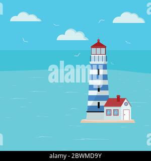 Lighthouse on sea landscape with gulls and sky vector illustration. Stock Vector