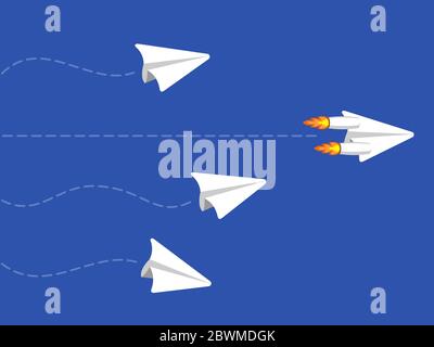 Flying paper airplanes and one with acceleration in the sky Stock Vector