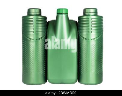 Row of Green Plastic Containers for Engine Lubricants on White Background Stock Photo