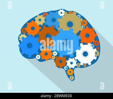 Thinking process and creativity. Human brain with gears on blue background, vector illustration in flat style Stock Vector