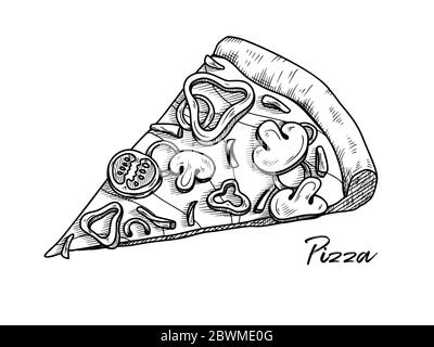 Pizza isolated on a white background. Sketch Italian dishes. Vector illustration in sketch style. Stock Vector