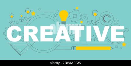 Vector illustration with word CREATIVE and innovative thinking related thin line icons, blue background Stock Vector