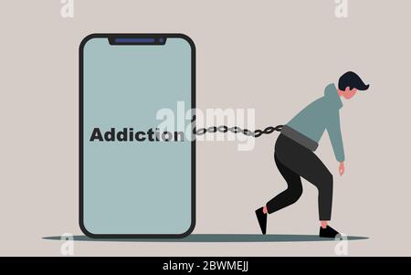 Internet compulsiveness. Teen guy chained to his cellphone like prisoner, vector illustration in flat style Stock Vector