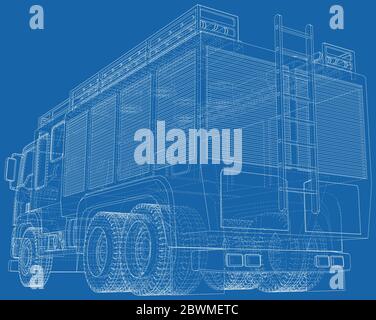 Fire Engine vector. Fire truck. Wire-frame. The layers of visible and invisible lines are separated. EPS10 format. Stock Vector