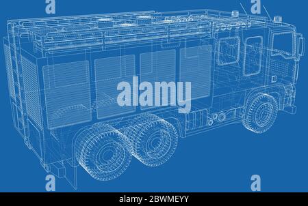 Fire Engine illustration vector. Fire truck Wire-frame line isolated. Vector rendering of 3d. Stock Vector