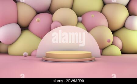 3D rendering of a pink and yellow podium with balls in the background for product presentation scene Stock Photo