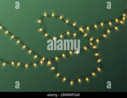 Christmas electric garland of light bulbs isolated on a green background. Vector illustration Stock Vector