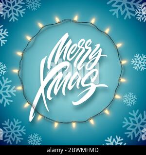 Christmas electric garland of light bulbs and merry christmas lettering on a blue background with snowflakes. Vector illustration