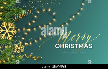 Christmas banner. Realistic Sparkling garland lights with gold snowflakes and golden tinsel on a background with Christmas tree sprigs. Vector Stock Vector