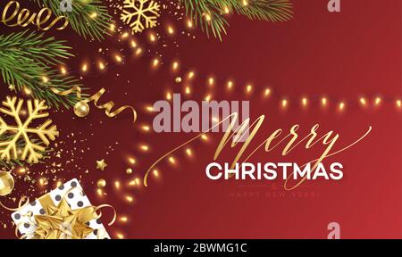 Christmas banner. Realistic Sparkling garland lights with gold snowflakes and golden tinsel on a background with Christmas tree sprigs. Vector Stock Vector