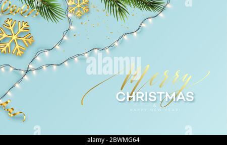 Christmas banner. Realistic Sparkling garland lights with gold snowflakes and golden tinsel on a background with Christmas tree sprigs. Vector Stock Vector