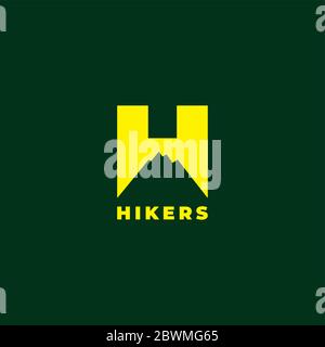 Yellow Hiking logo design template isolated on dark green color background. Letter H alphabet with negative space Silhouette of mountain shape logo Stock Vector
