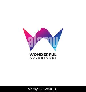 Wonderful adventures logo design template isolated on white color background. Colorful letter W alphabet with silhouette of mountain shape logo Stock Vector