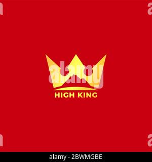 Gold High King logo vector illustration isolated on red color background. Mountain silhouette inside of crown logo design concept. Outdoor sports logo Stock Vector