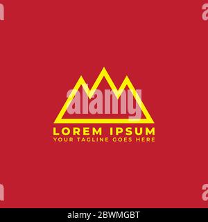 Adventure logo design template isolated on red background. Silhouette of mountain in outline logo design style. Minimal, Simple and clean logo concept Stock Vector
